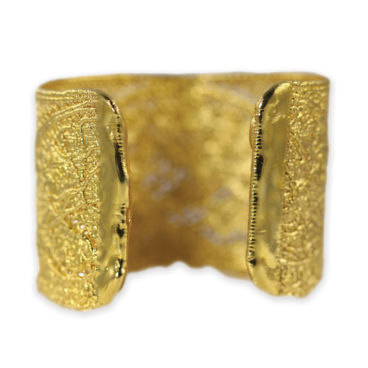 Back of intricate lace cuff bracelet in 24k gold