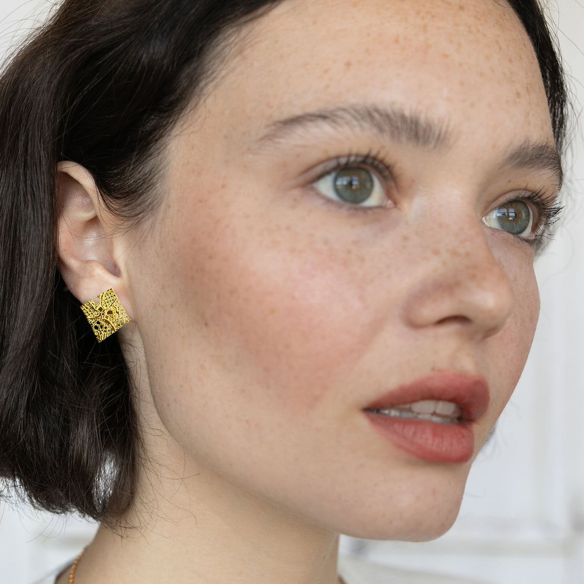Lace Stud Earrings Diamond Shaped with Chantilly lace inside dipped in 24k gold. 