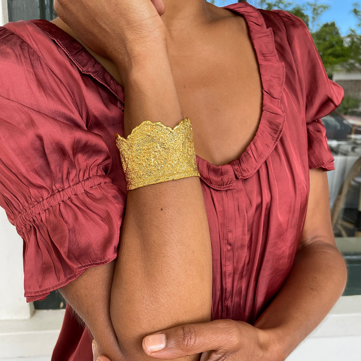 Lace cuff bracelet Margaret Rose in 24k gold made with British royal lace.