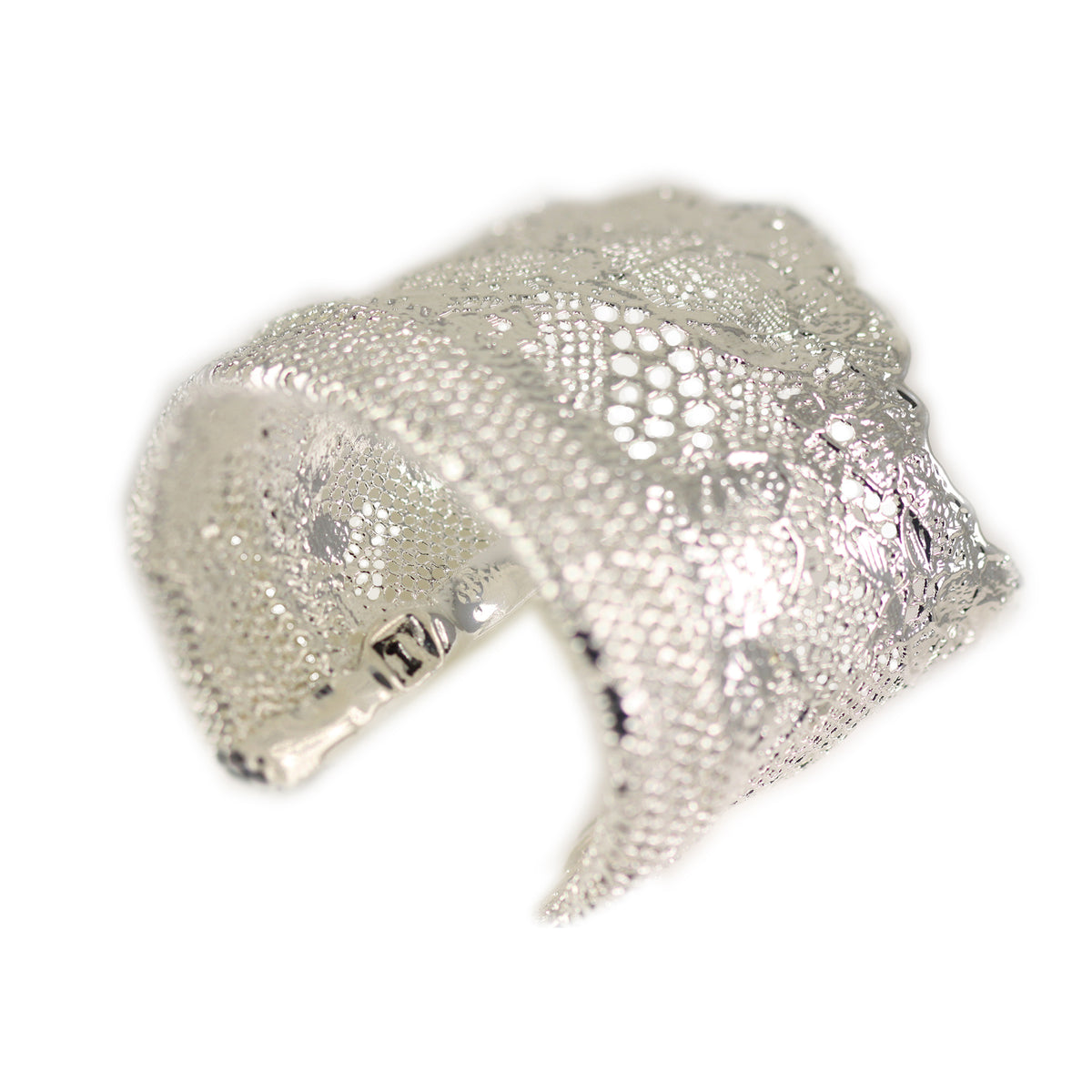 Top of Silver lace cuff bracelet, mix of feminine lace and masculine mesh. Numbered and signed. Dipped in silver. 