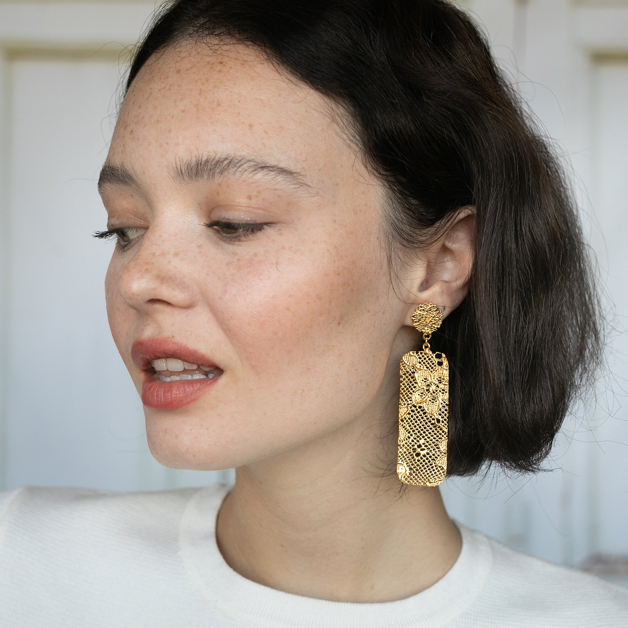Sophisticated large rectangular lace earrings in 24k gold.