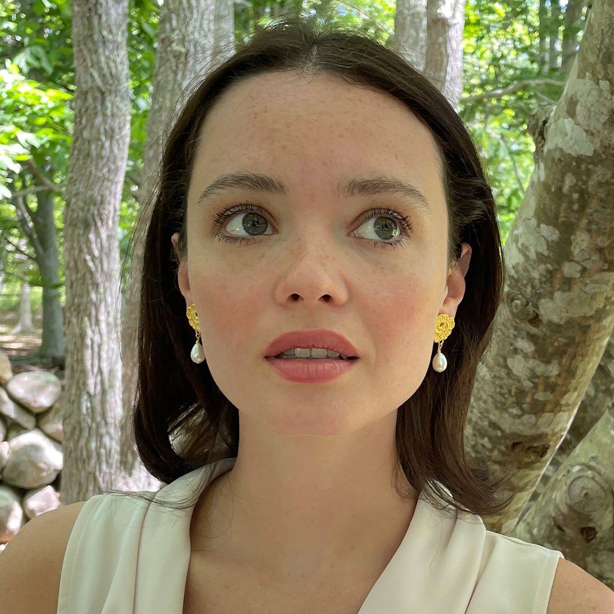 Lace rose pearl drop earrings in 24k gold.