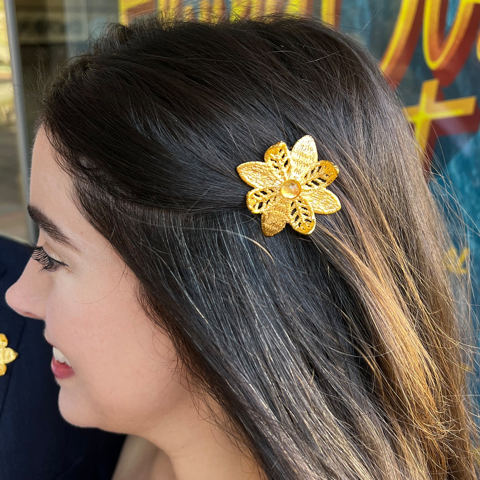 Beatrix lace flower barrette in 24k gold with Topaz stone.