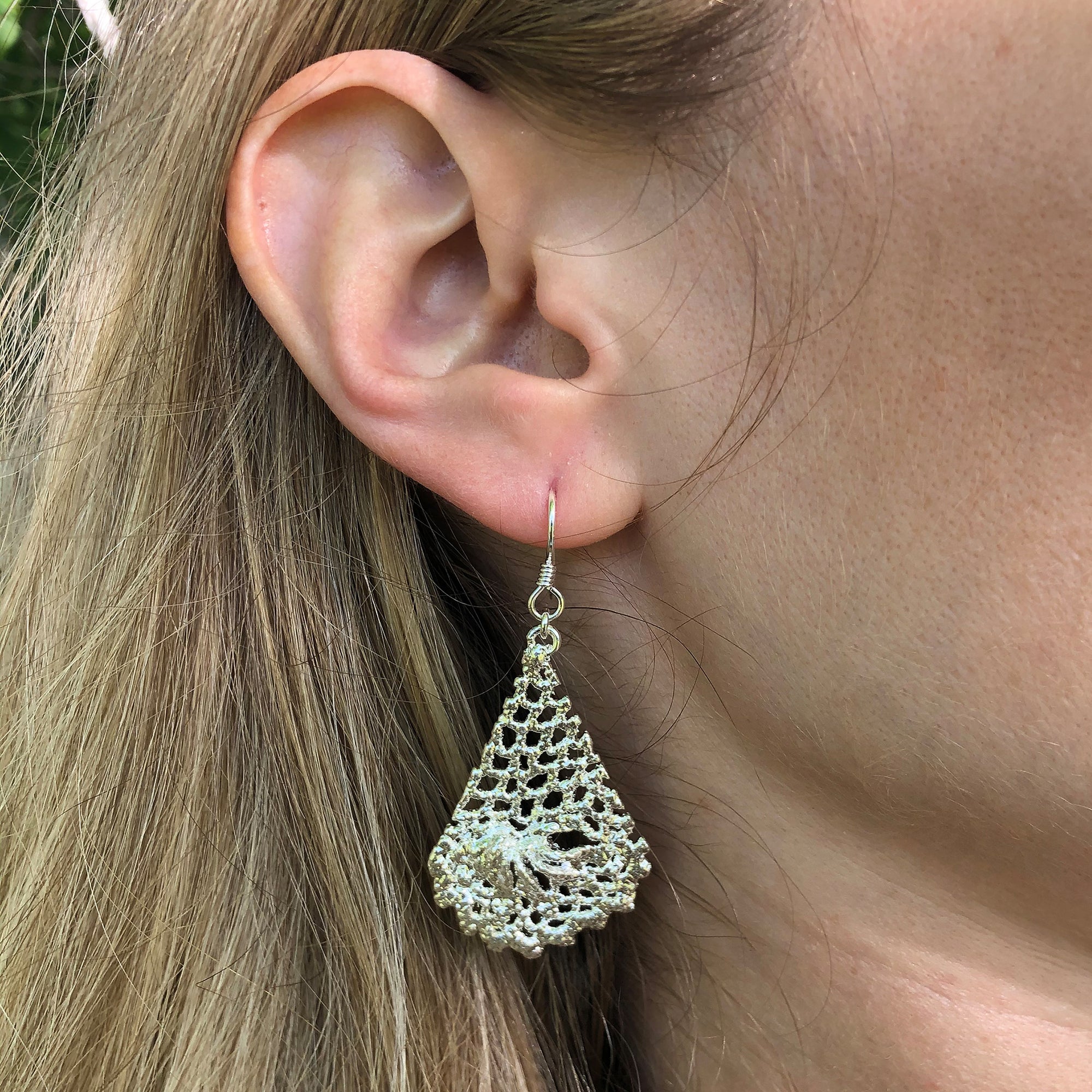 Silver lace dangle earrings with French hooks. Swedish 1940s lace dipped in sterling silver.