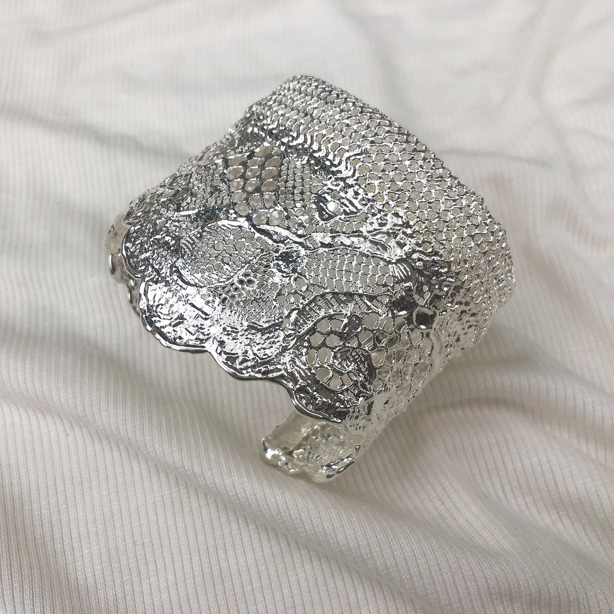 Top of Silver lace cuff bracelet, mix of feminine lace and masculine mesh. Dipped in sterling silver. Great 13th anniversary gift.