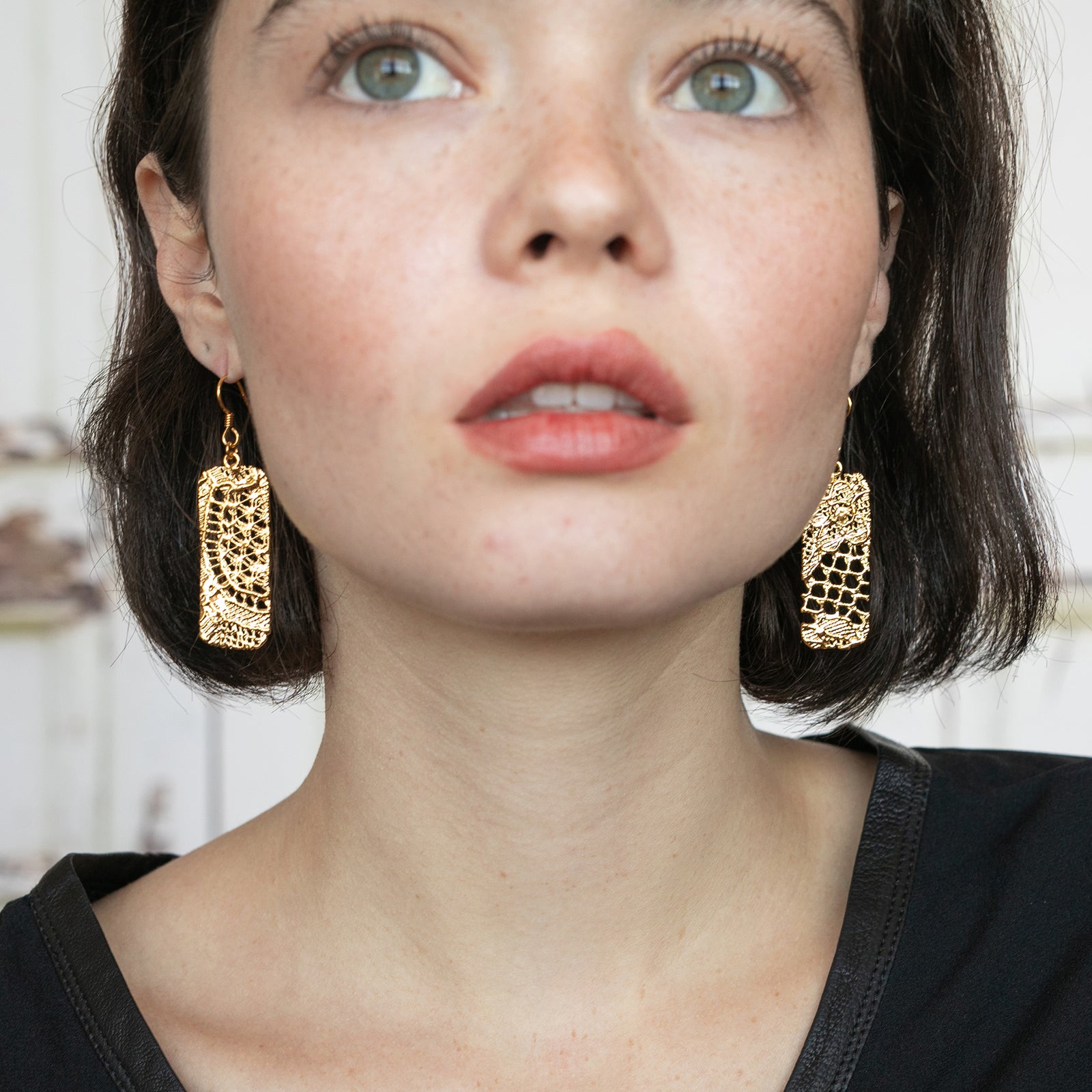 Brilliant Rectangular 24k gold Lace Earrings with French Hooks. 