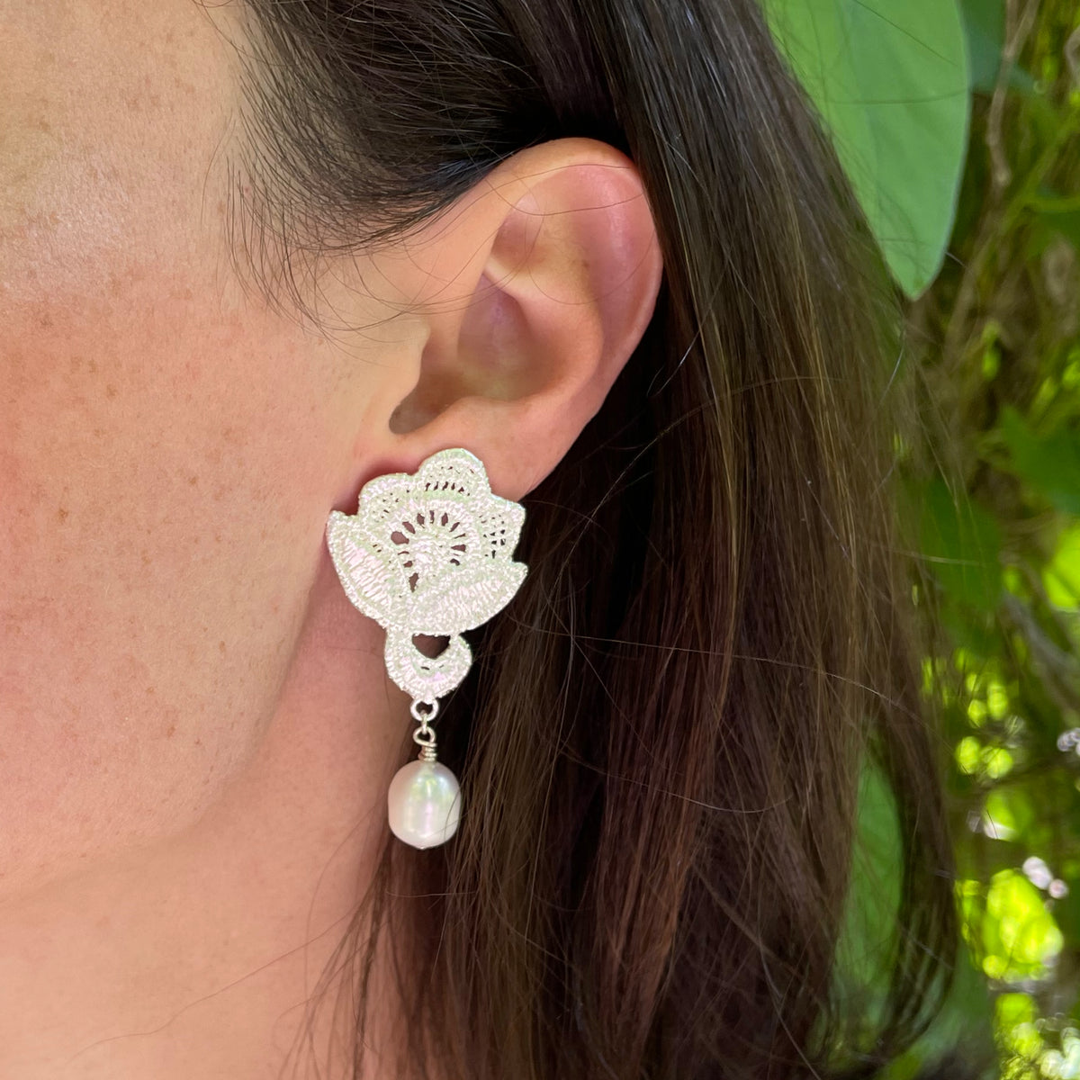 Baroque pearl earrings with lace rose in sterling silver.