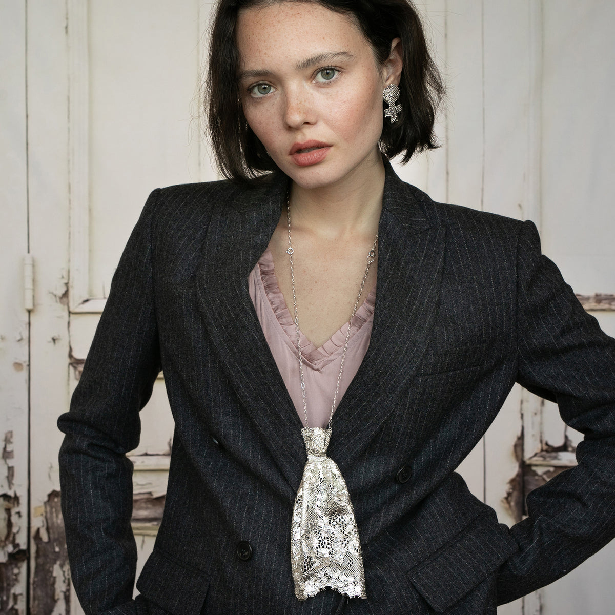 Tie Lace Necklace Made from Chantilly Lace dipped in Sterling Silver. Worn as a Long Necklace.