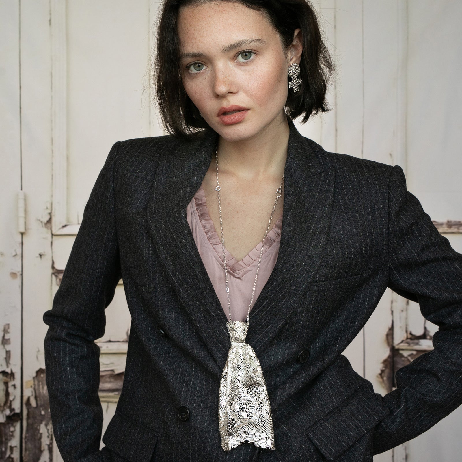 Statement Tie Lace Necklace Made from Chantilly Lace dipped in Sterling Silver.