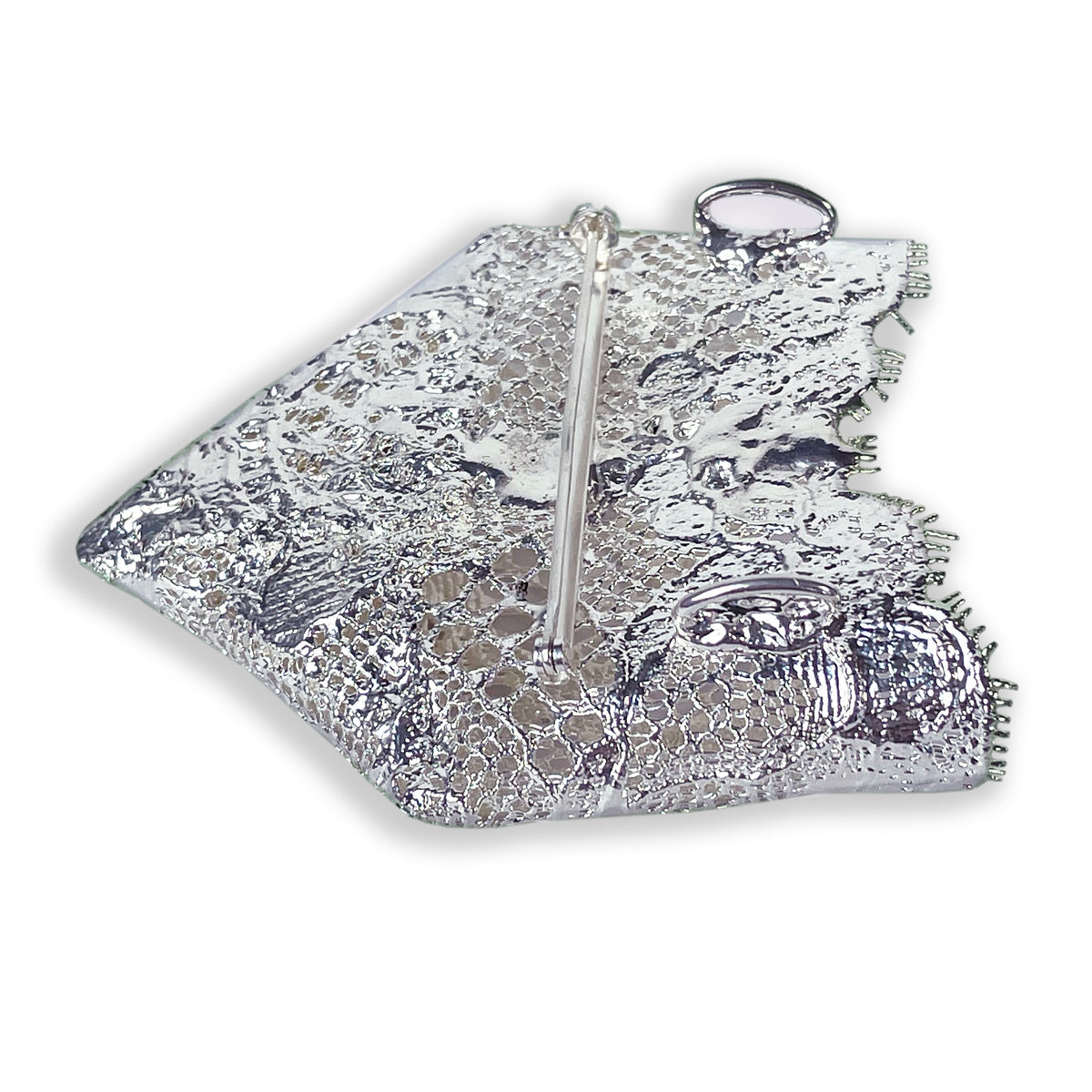 Back of Brooch and Necklace, Lace Jewelry dipped in Sterling Silver, Holder for flowers or fragrance sachet