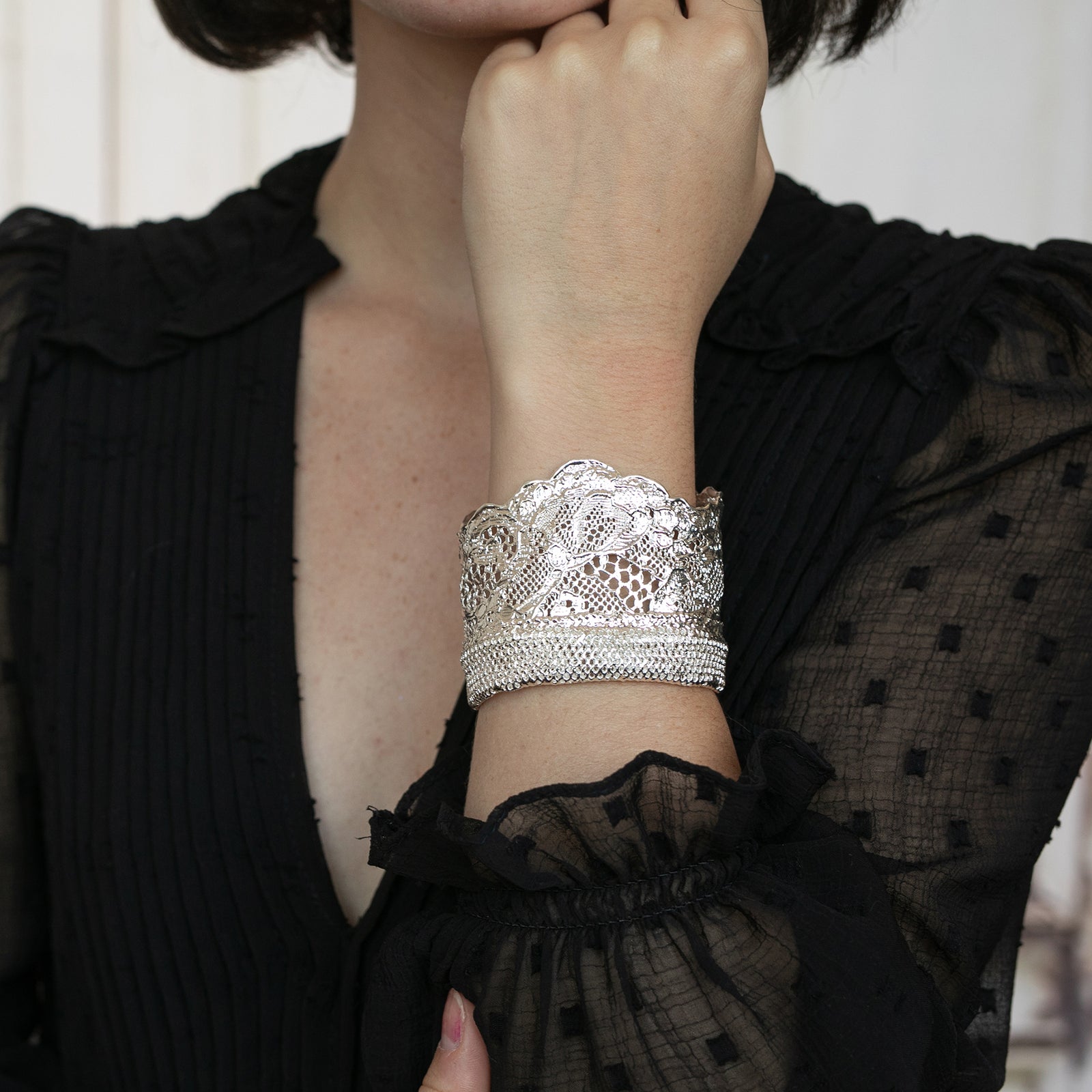 Silver lace cuff bracelet, mix of feminine lace and masculine mesh. Dipped in sterling silver. Great 13th anniversary gift.