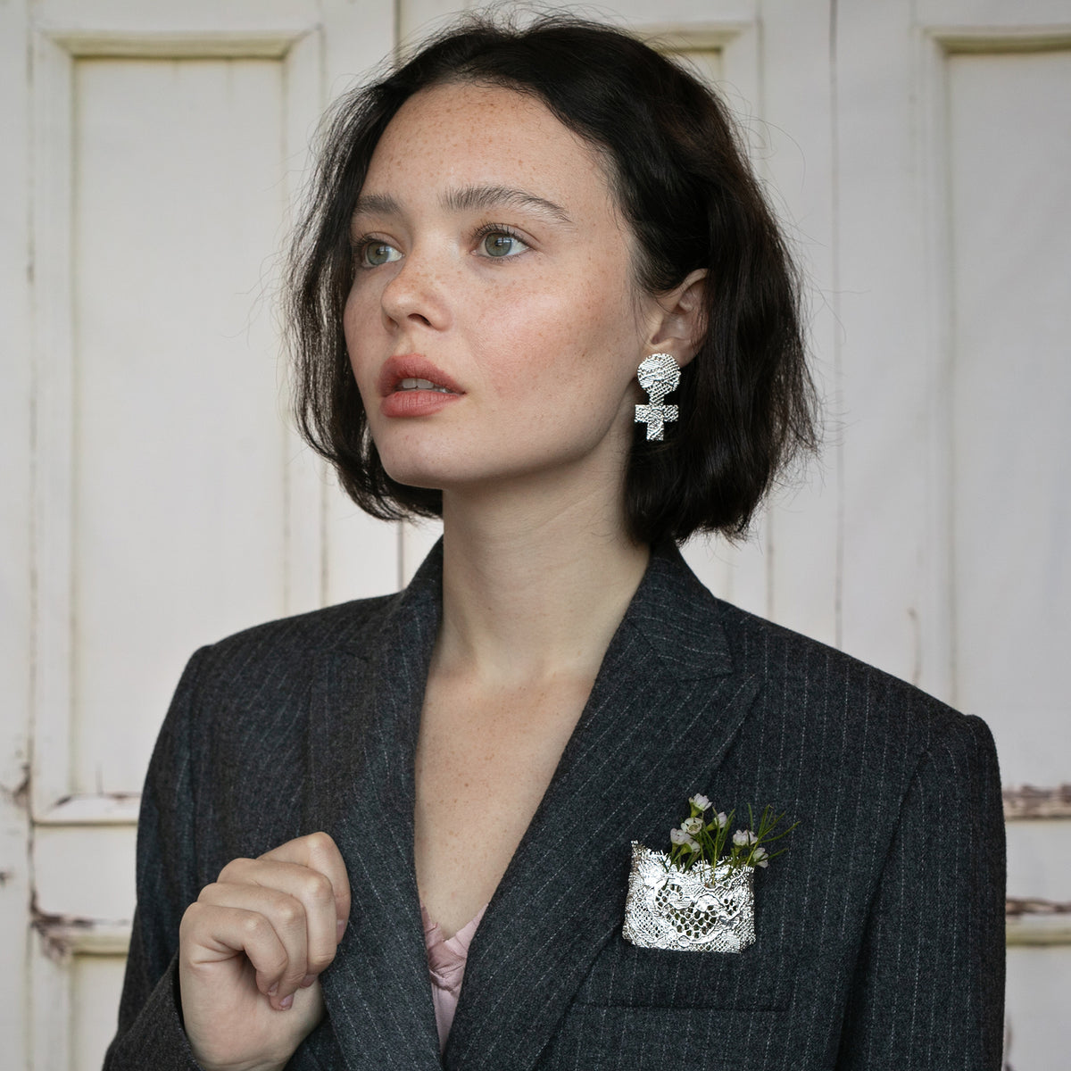 Brooch and Necklace in One. Lace Jewelry dipped in Sterling Silver, Holder for flowers or fragrance sachet