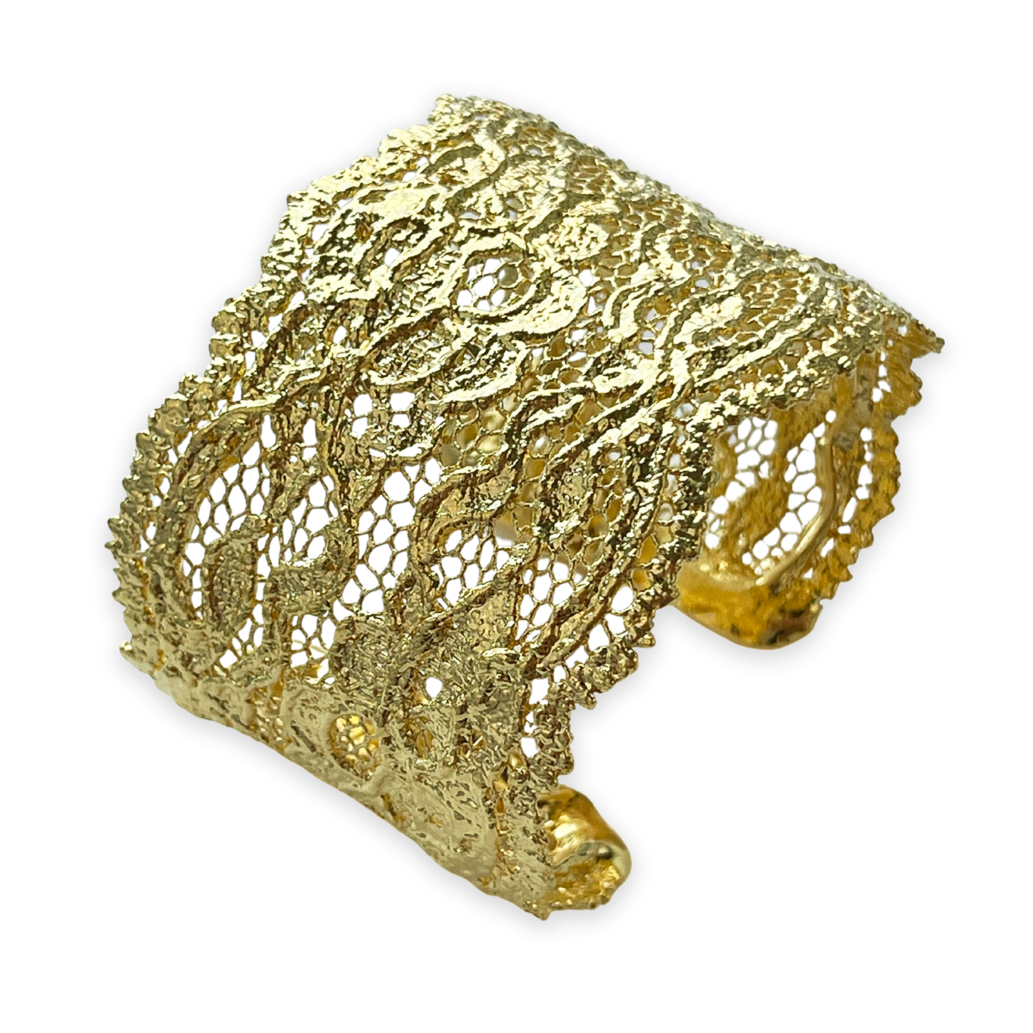 Lace cuff bracelet made from antique double scalloped lace dipped in 24k gold.
