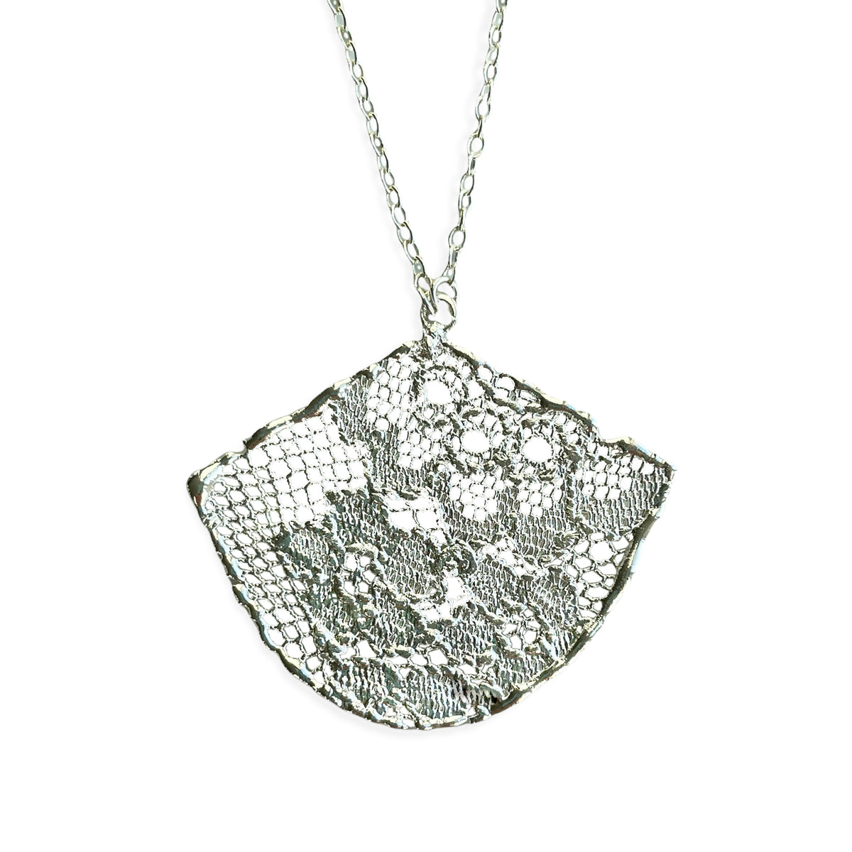 Fan shaped lace necklace in sterling silver.