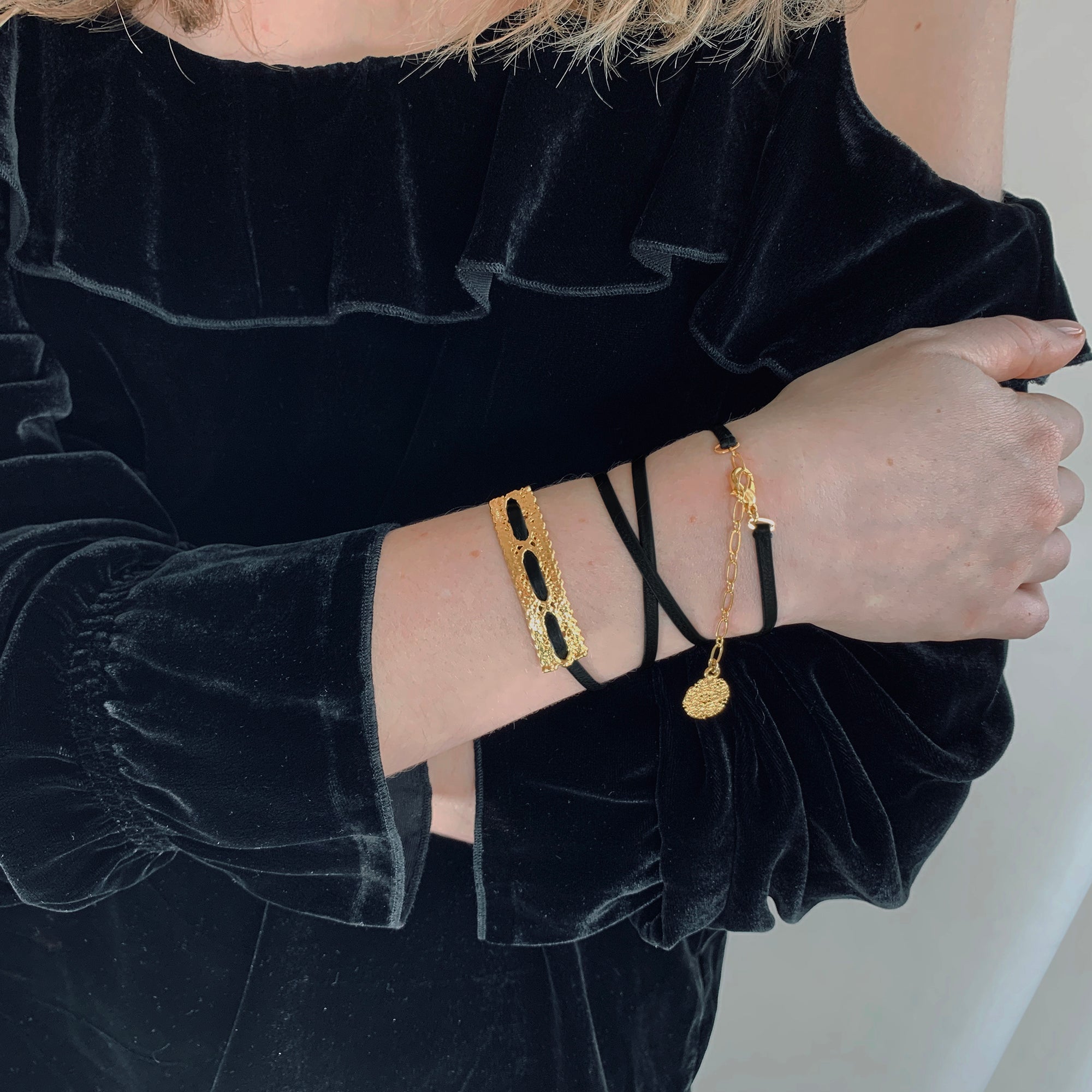 Leather bracelet with vintage lace dipped in 24k gold.