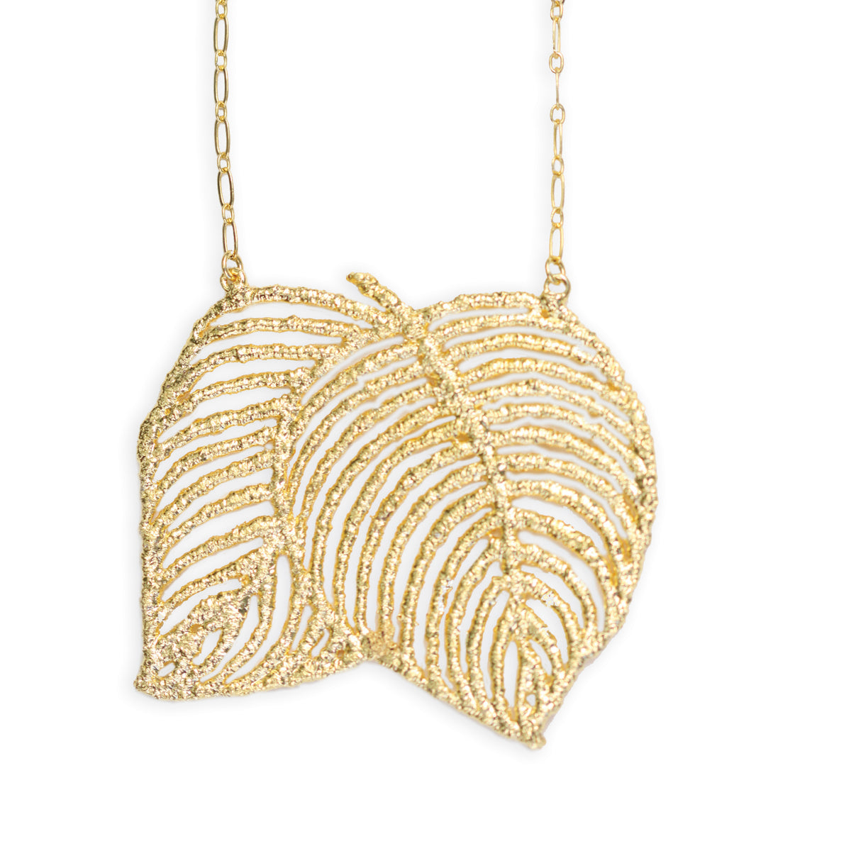 Lace Leaf necklace in dipped 24k gold.