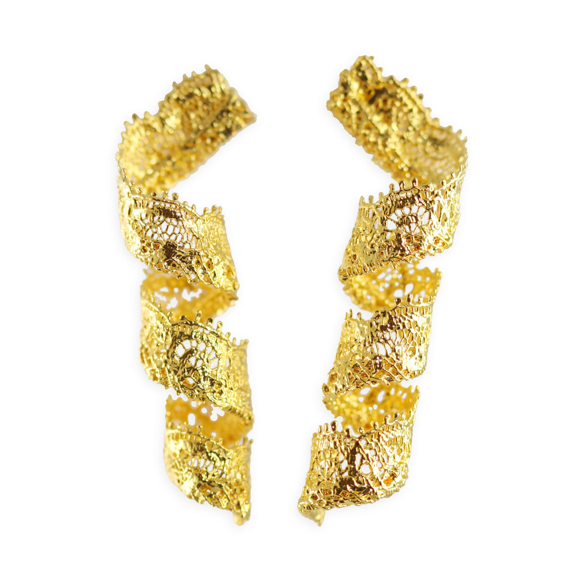 Azeline lace swirl and drop earrings in 24k gold.