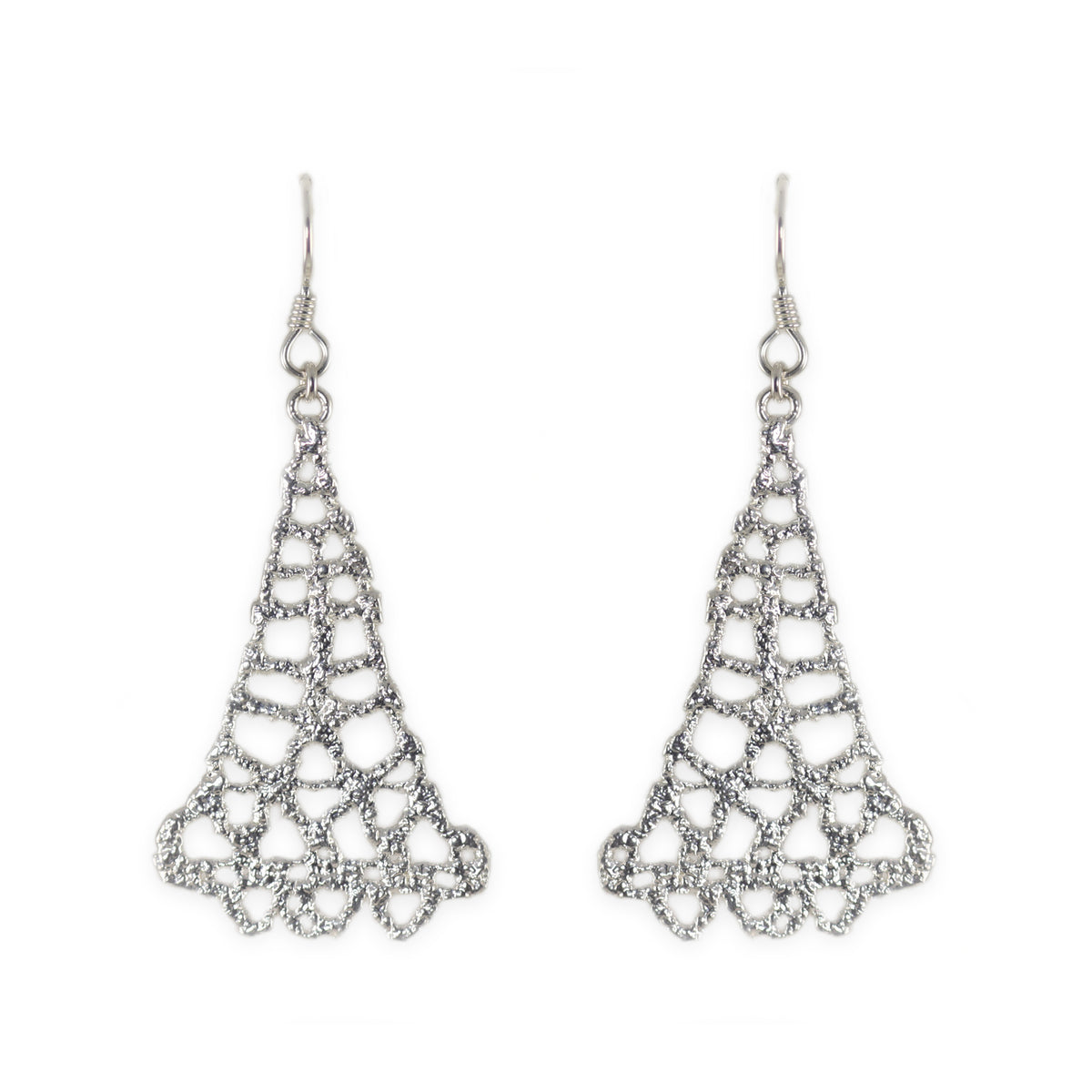 Silver Teardrop earrings made from 1940s Swedish bobbin lace dipped in sterling silver.