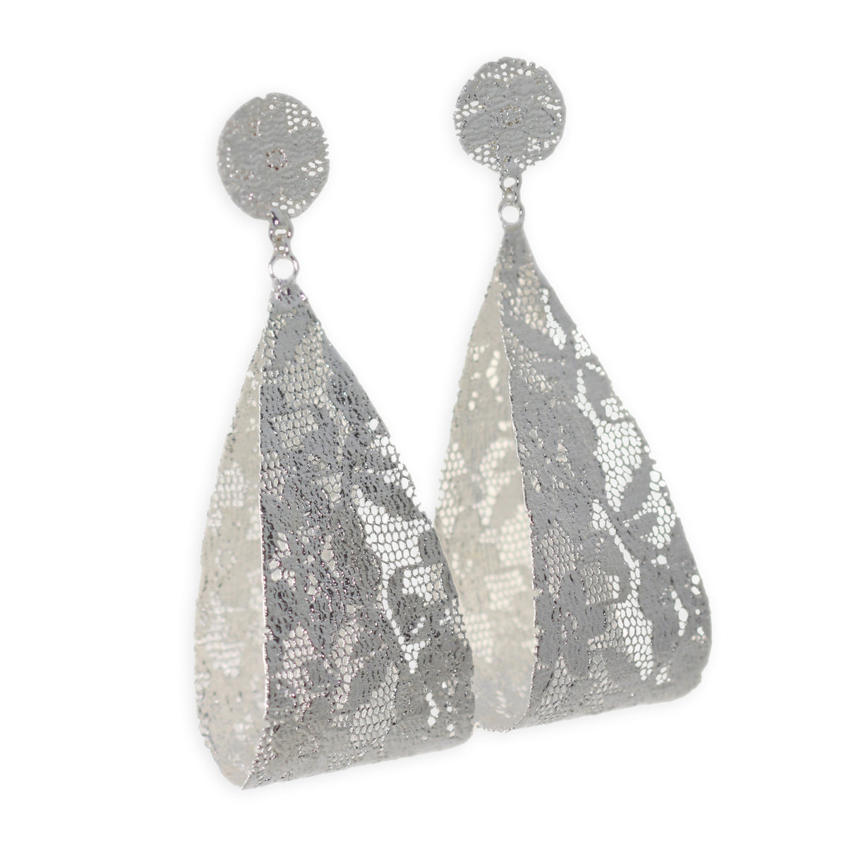 Camille, large lace teardrop earrings in sterling silver.