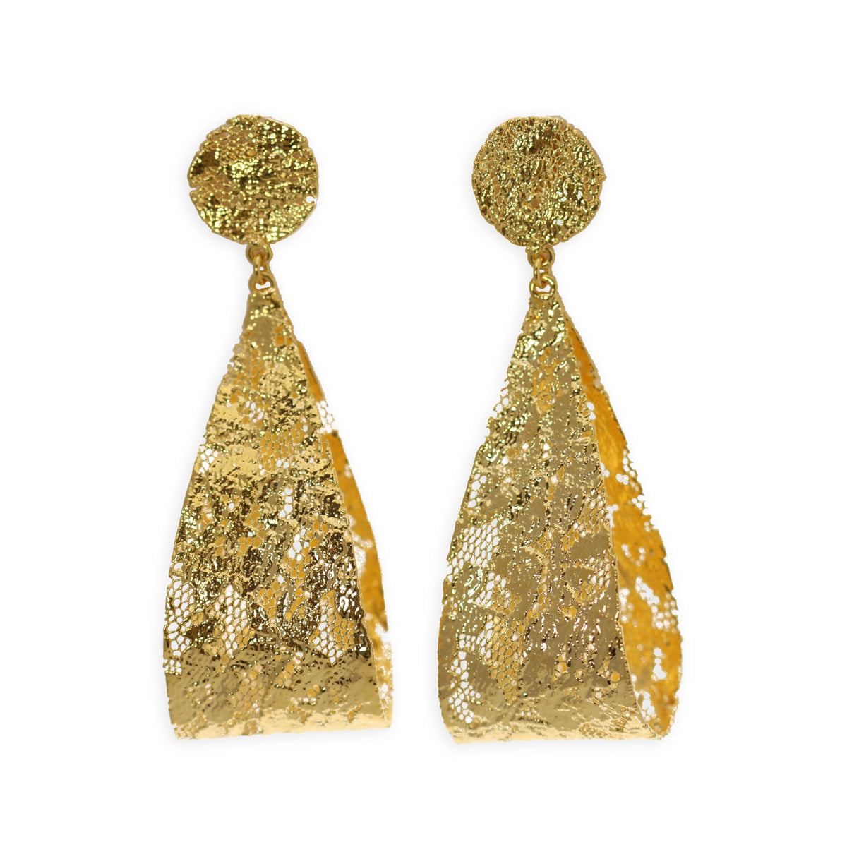 Camille, large lace teardrop earrings in 24k gold.