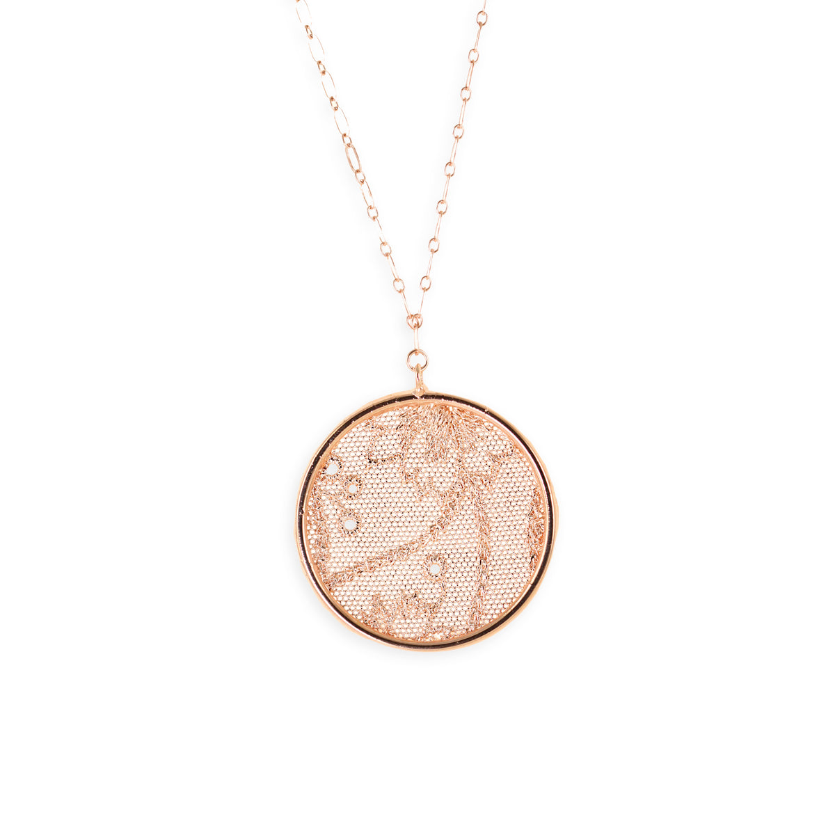 Cecilia circular lace pendant necklace in rose gold.