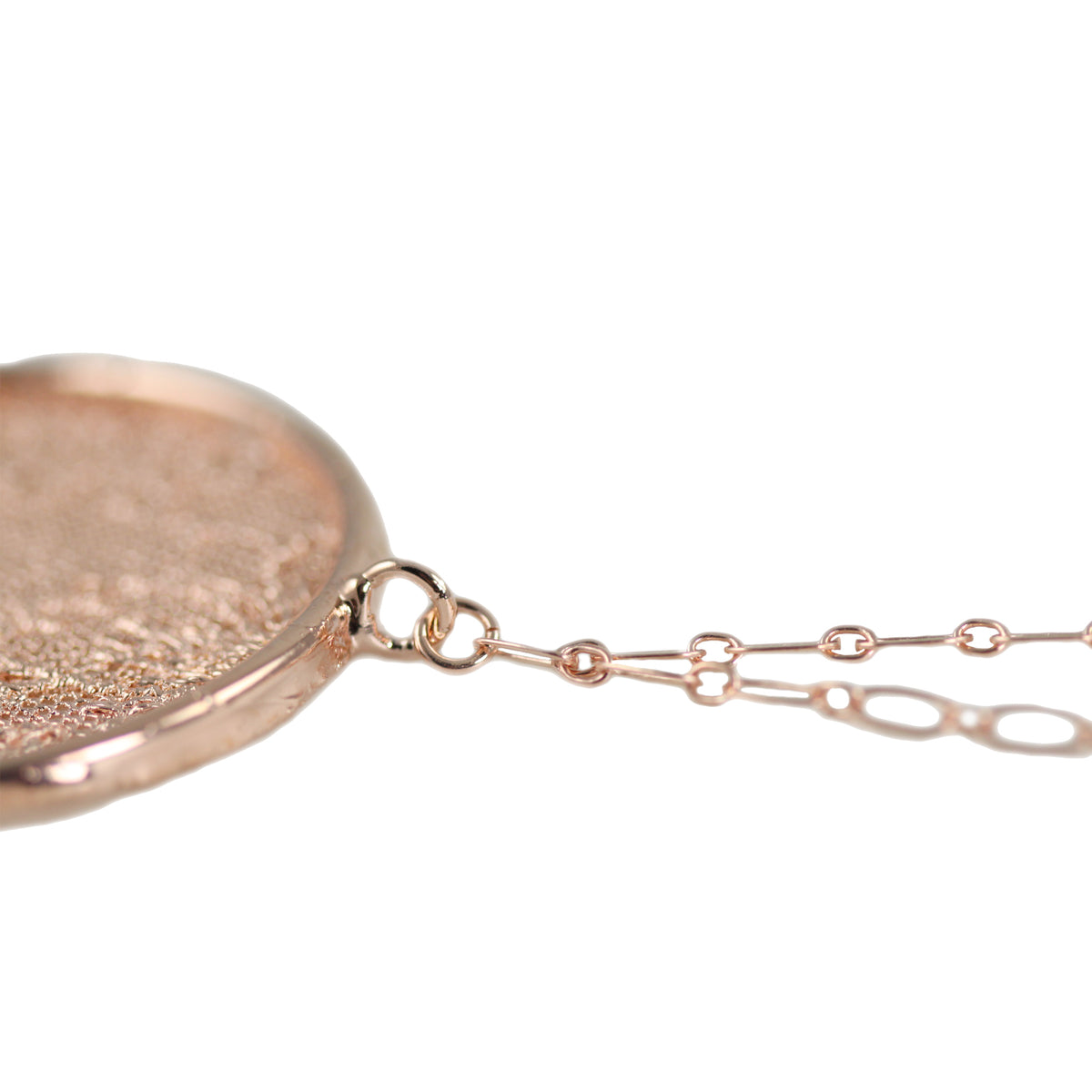 Detail from Cecilia lace pendant necklace in rose gold.