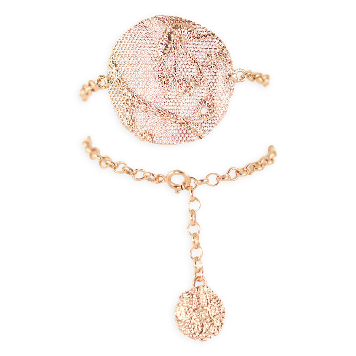 Charlie lace chain bracelet in rose gold with intricate details.
