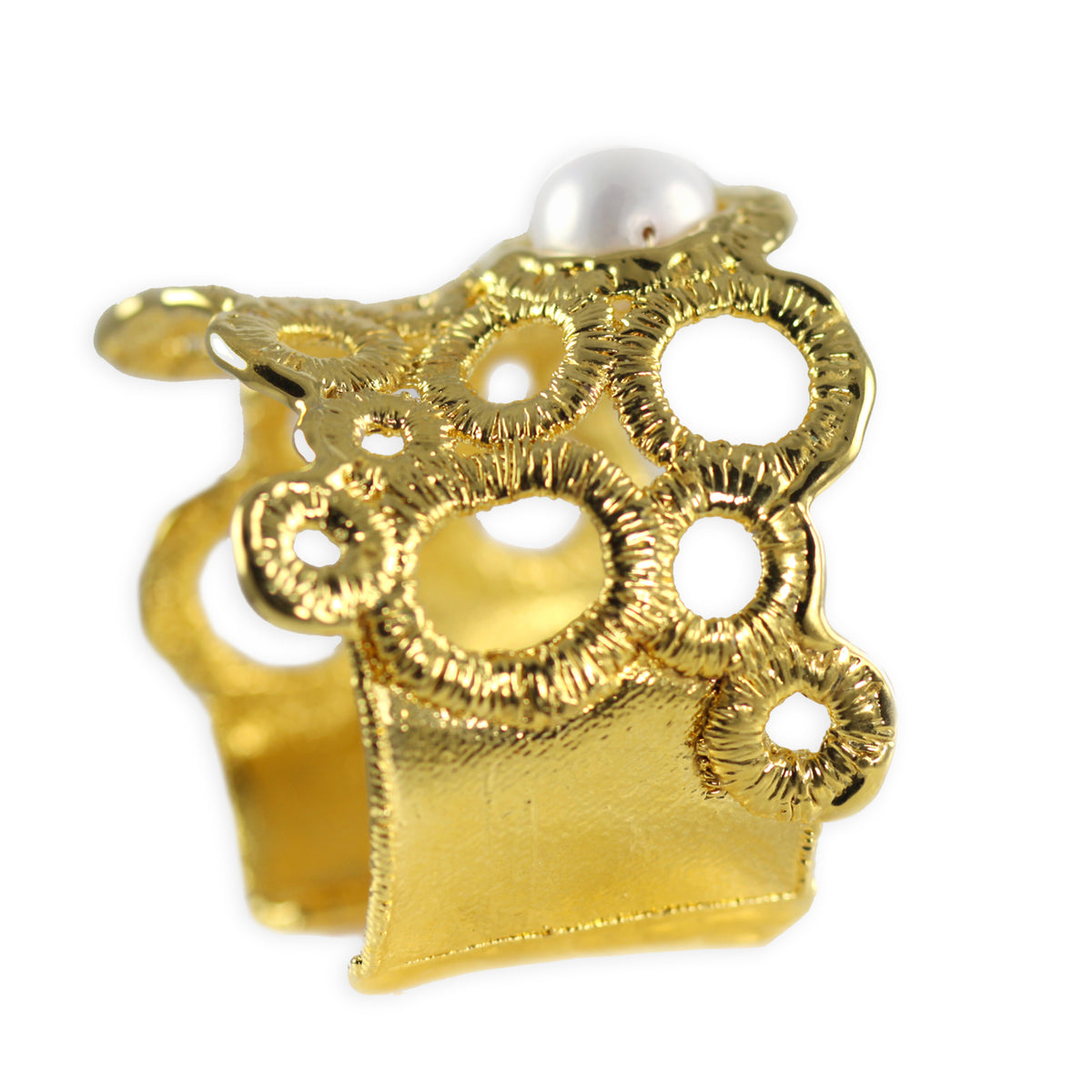 Exquisite lace and  pearl cuff bracelet in 24k gold.