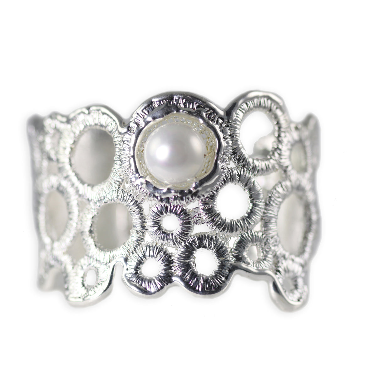 Exquisite lace and  pearl cuff bracelet in sterling silver.