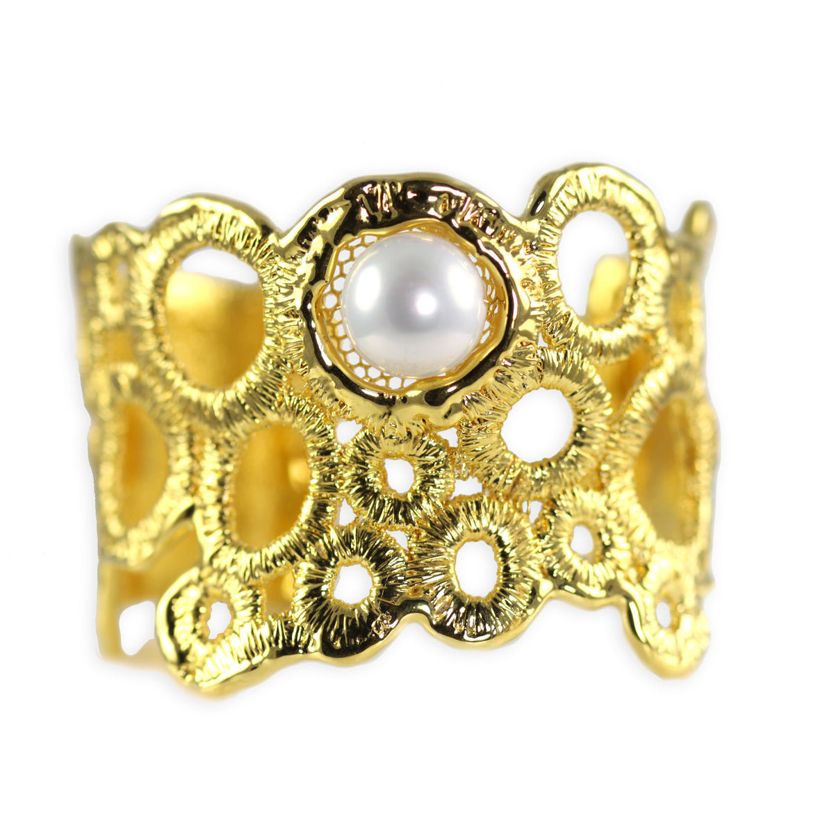 Exquisite lace and  pearl cuff bracelet in 24k gold.