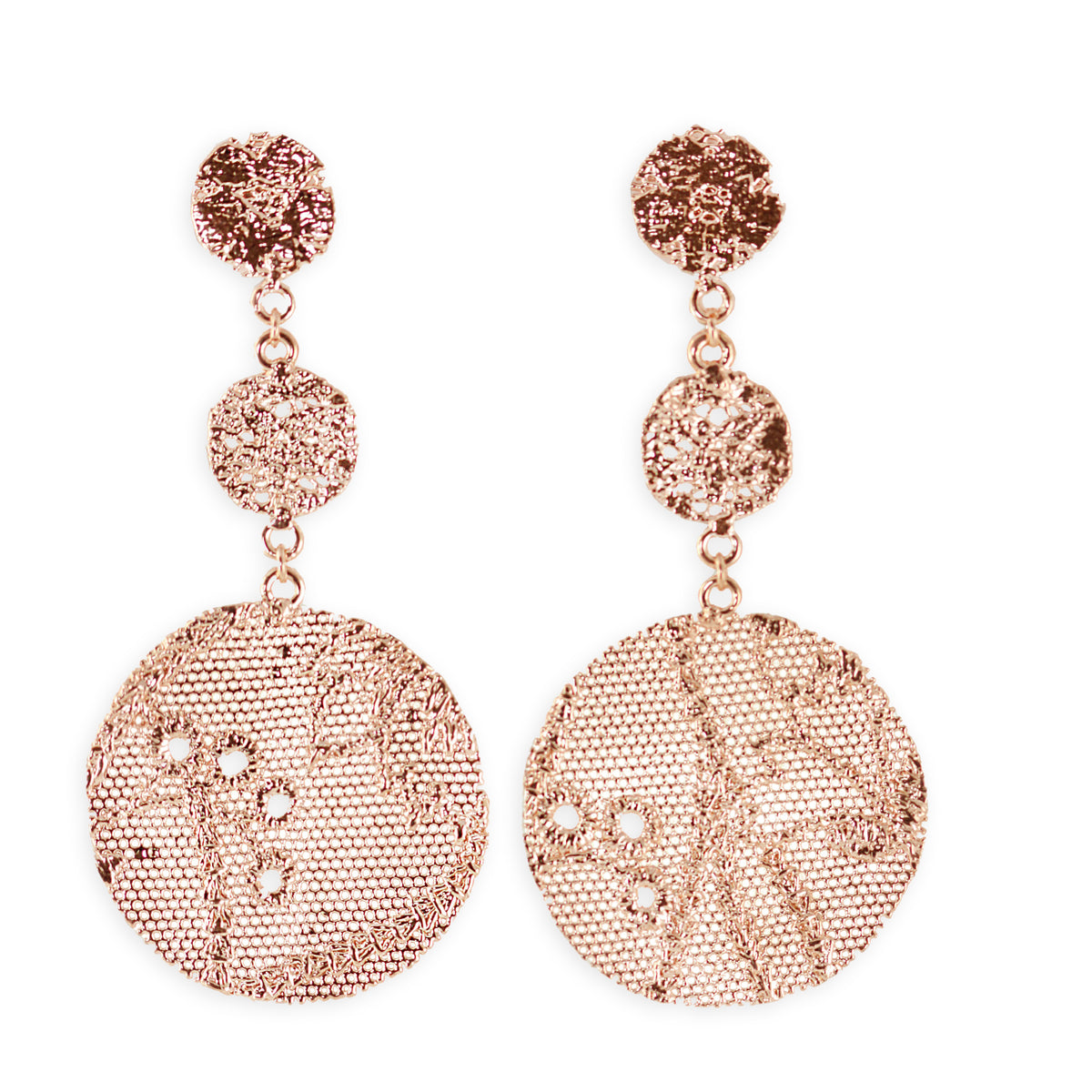 Exquisite lace earrings with triple circles in rose gold.