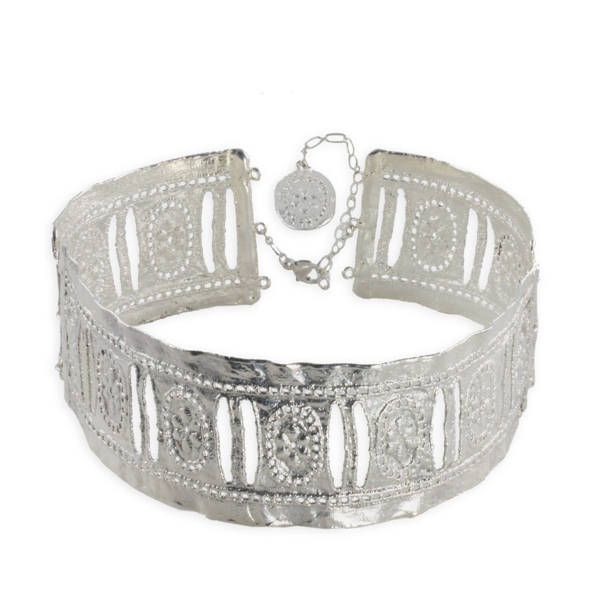 Colette, three-piece hinged lace choker in sterling silver.