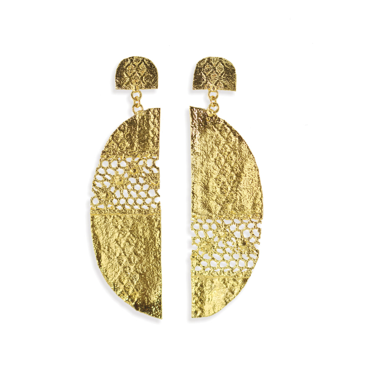 Large Half moon lace earrings in 24k gold.