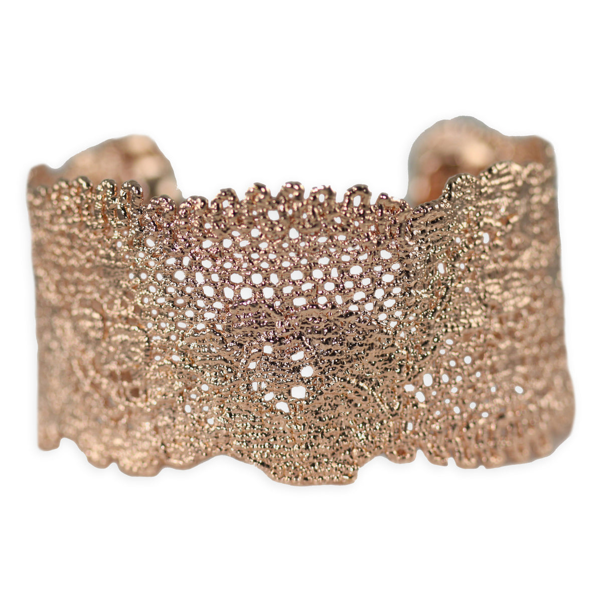 Donna lace cuff bracelet in rose gold. Double scalloped flower lace.