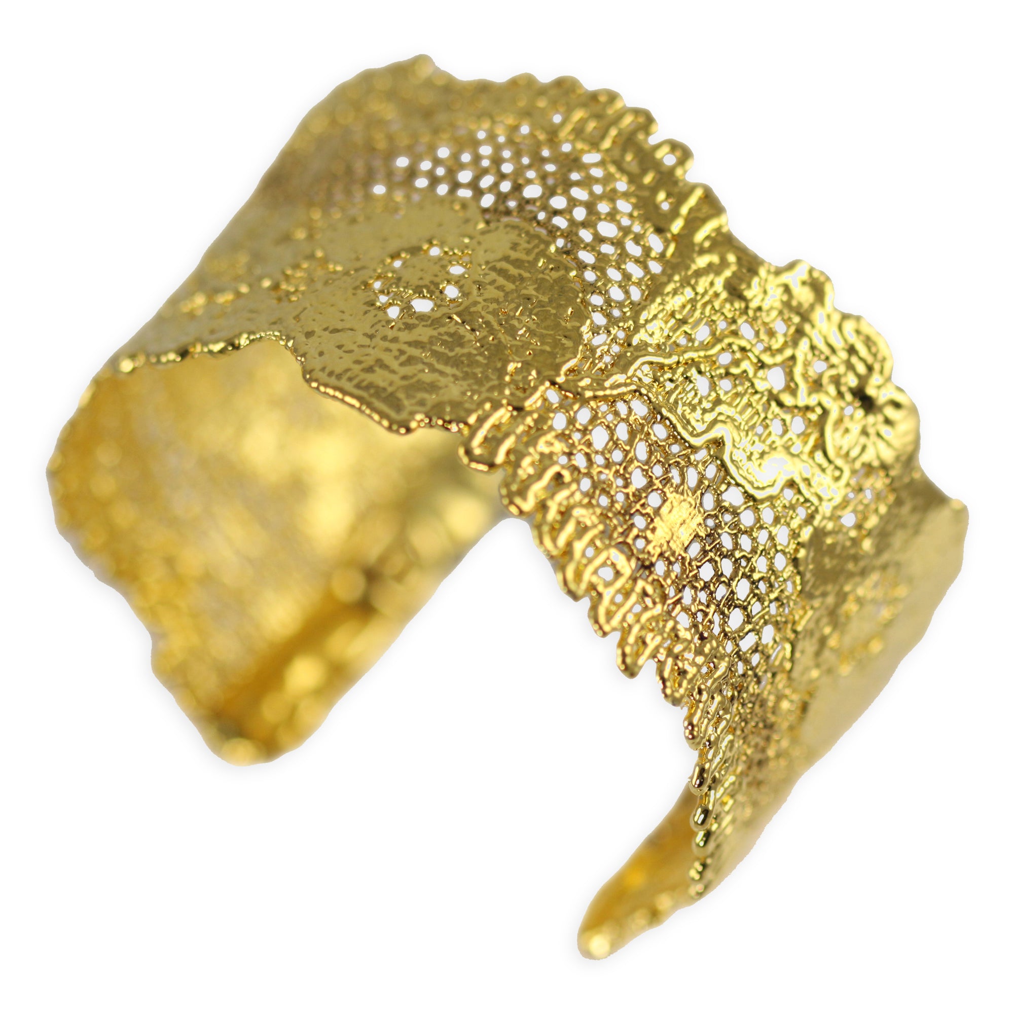 Donna lace cuff bracelet in 24k gold. Double scalloped flower lace.