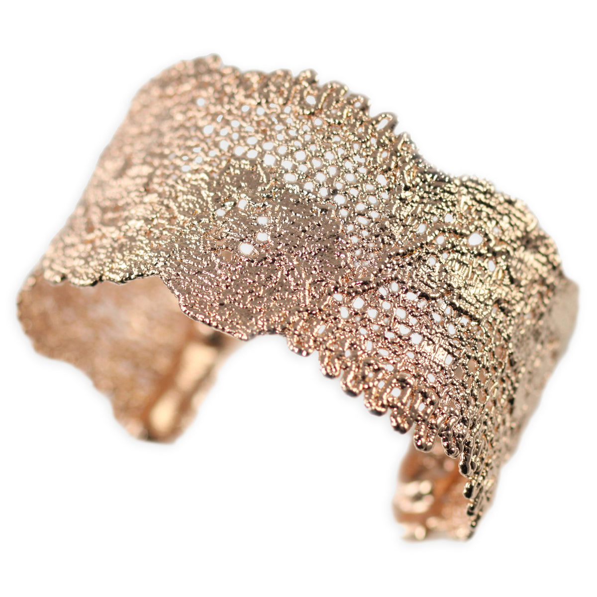 Donna lace cuff bracelet in rose gold. Double scalloped flower lace.