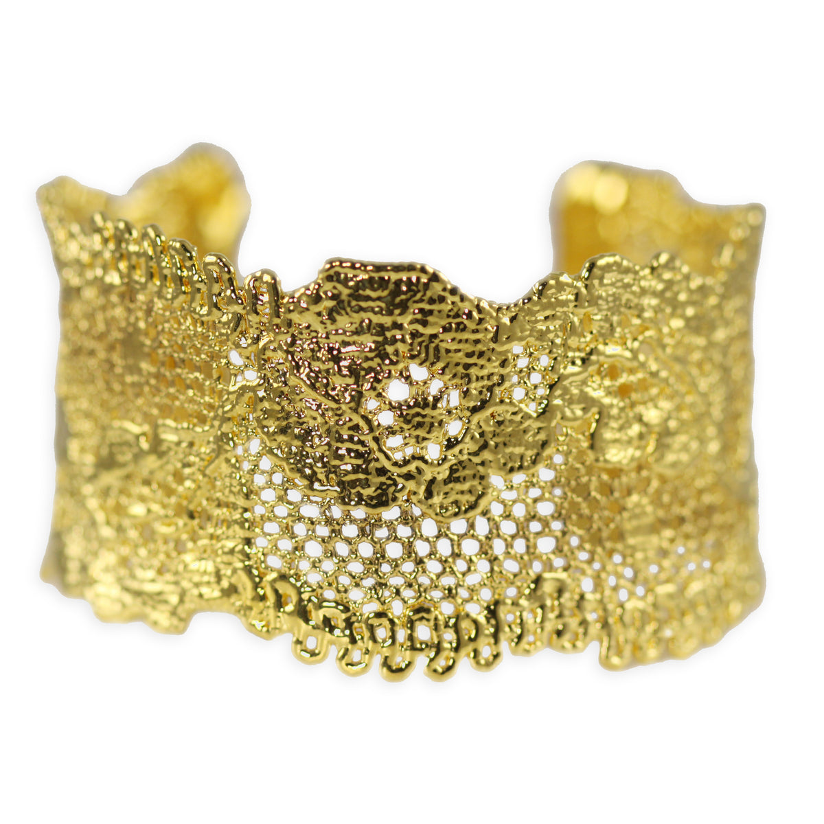 Donna lace cuff bracelet in 24k gold. Double scalloped flower lace.