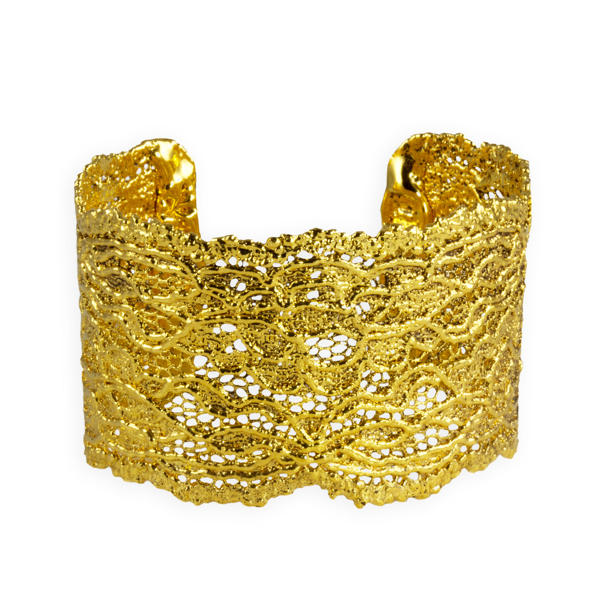 Lace cuff bracelet made from antique double scalloped lace dipped in 24k gold.