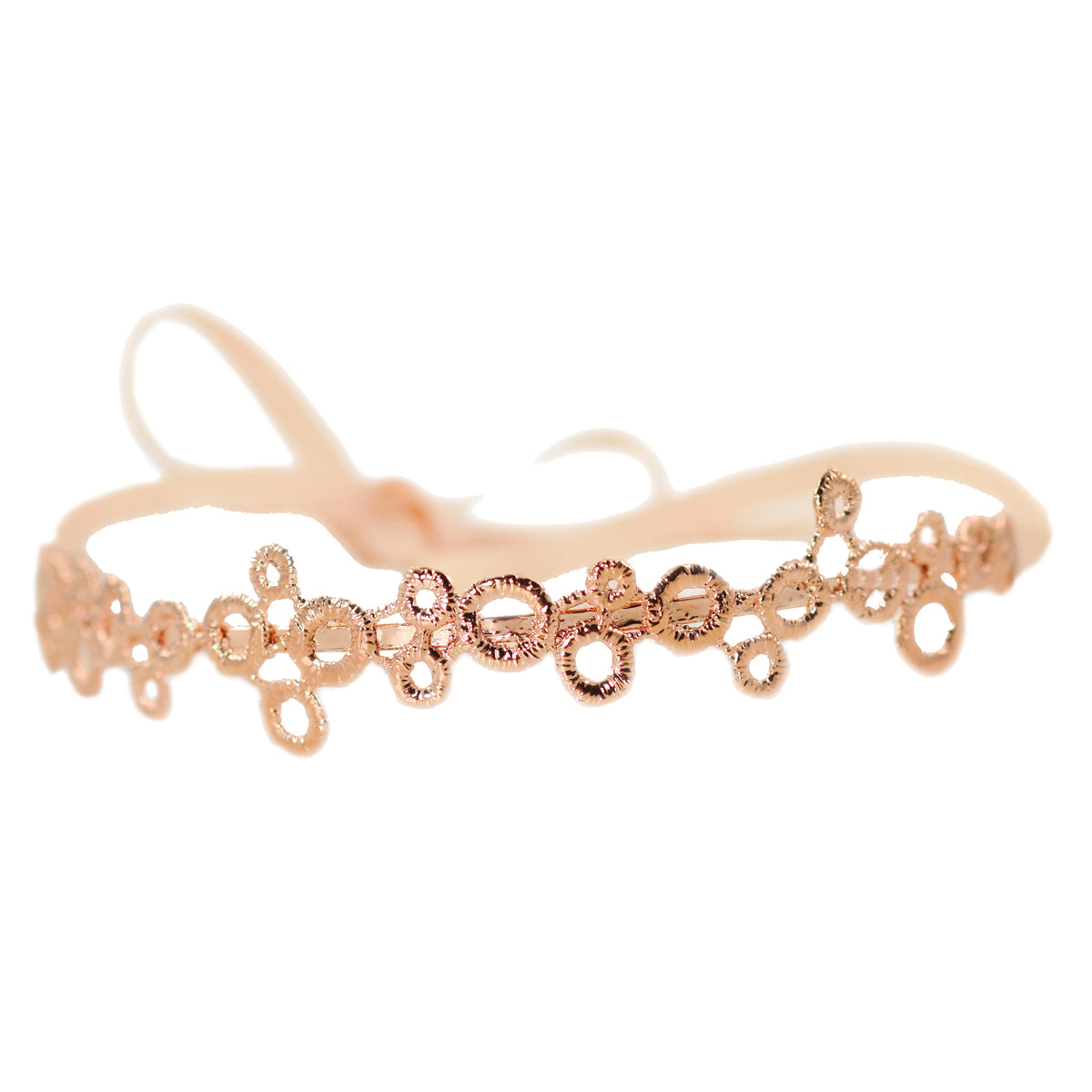 Original lace tiara solidified in rose gold with silk ribbons.