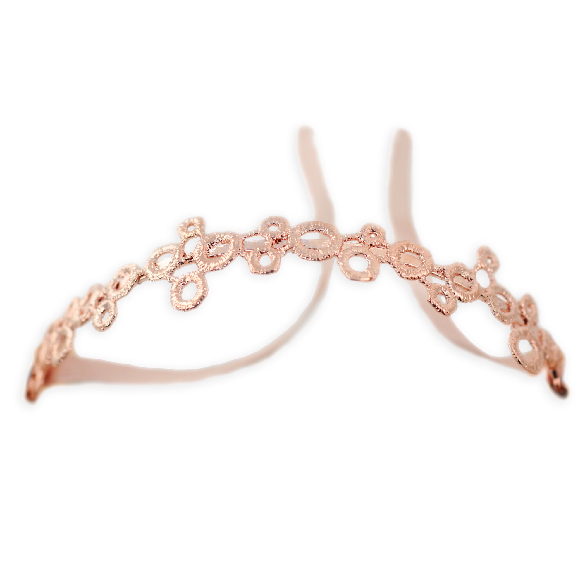 Original lace tiara solidified in rose gold with silk ribbons.