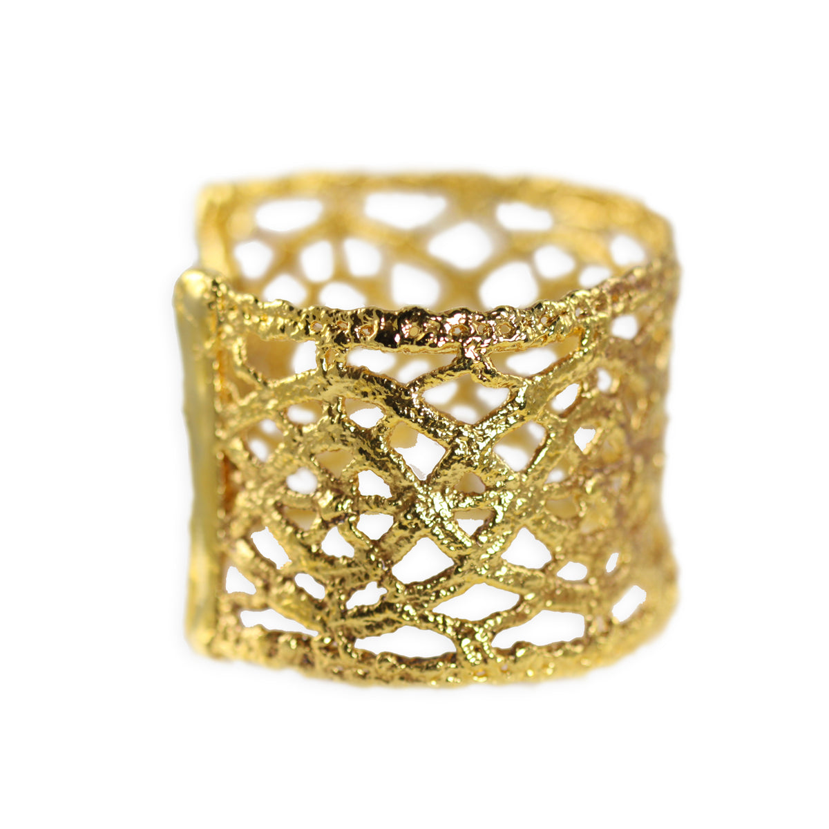 Side view of Cuff bracelet made from antique lace dipped in 24k gold.