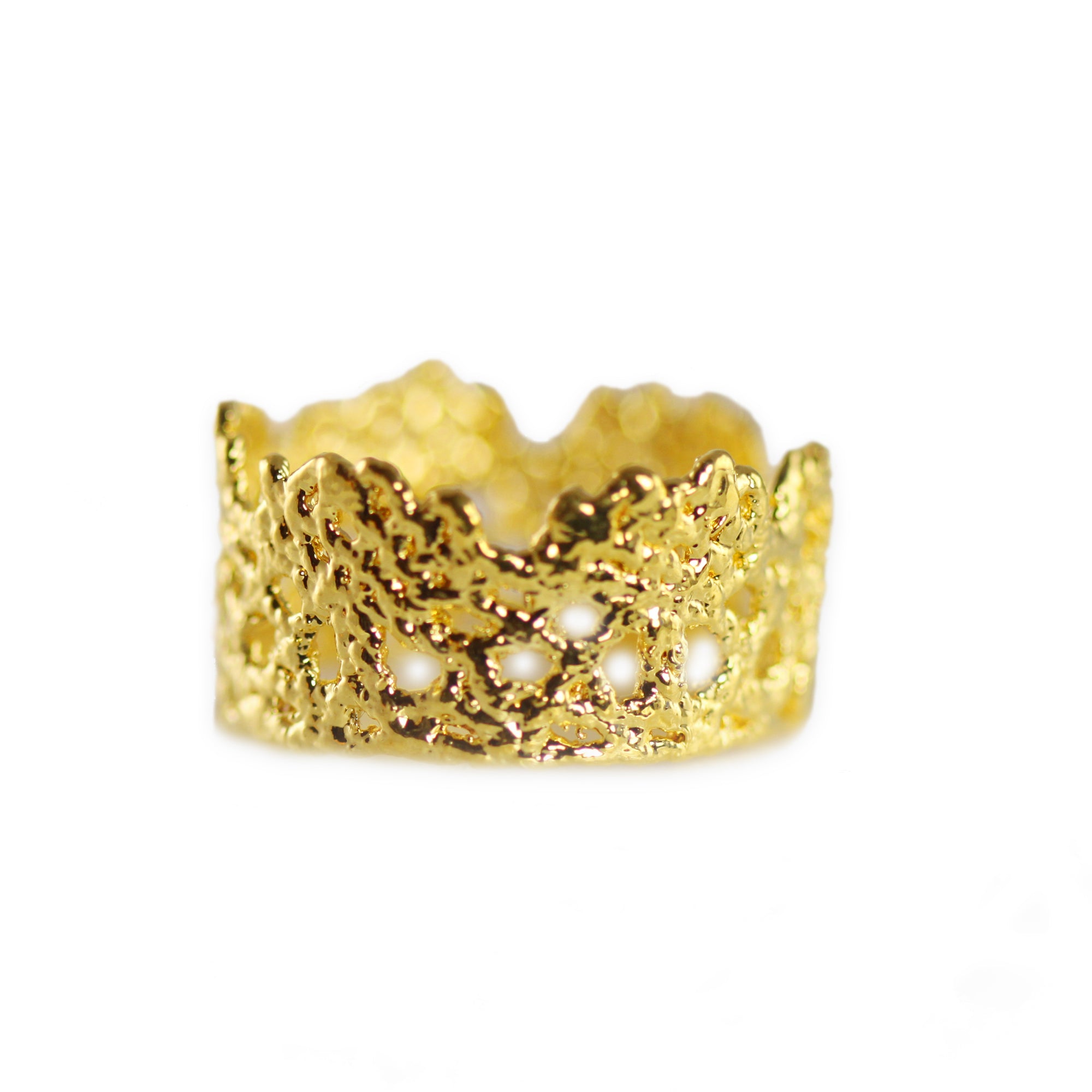 Lace crown rings in rose gold, 24k gold and sterling silver.