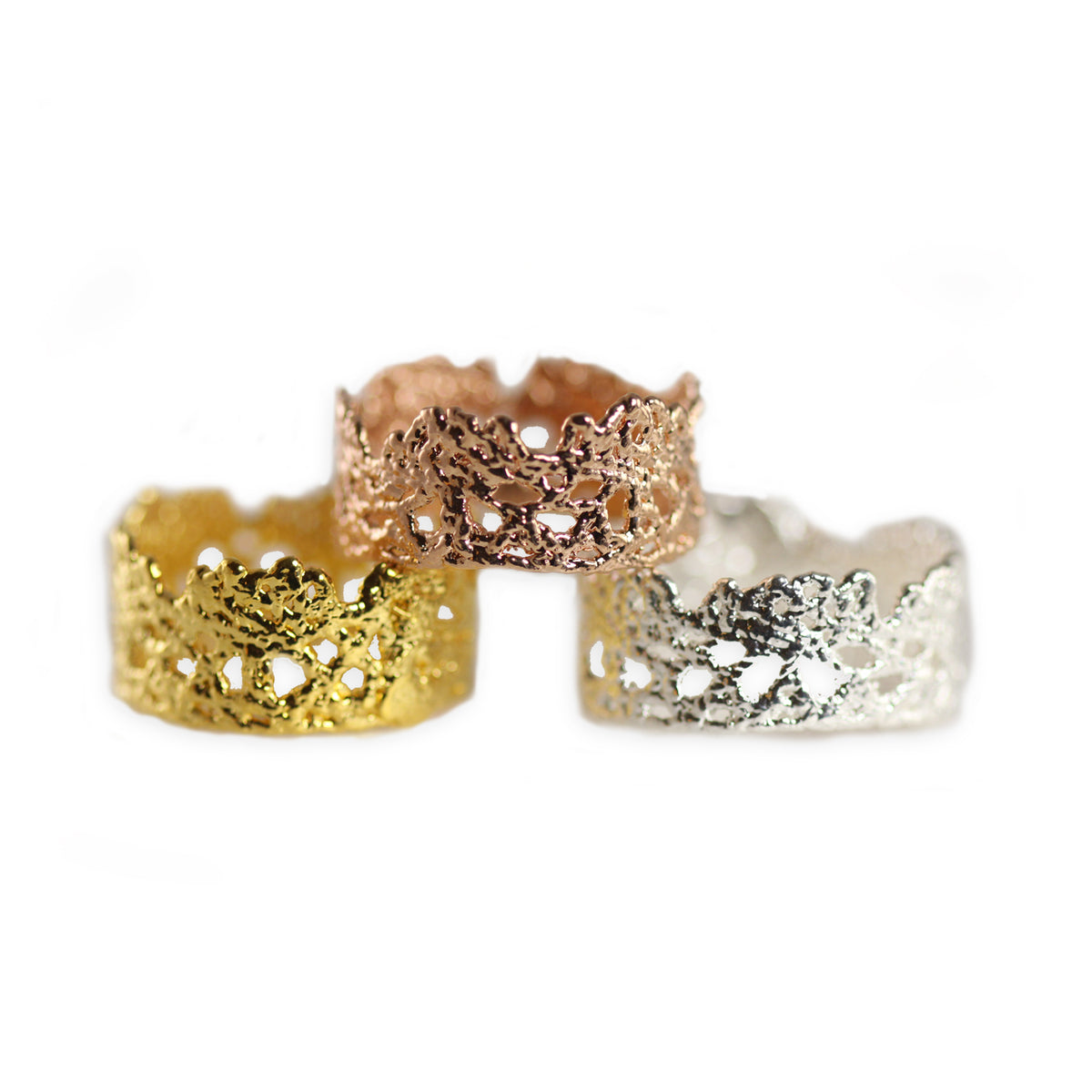 Lace crown rings in rose gold, 24k gold and sterling silver.