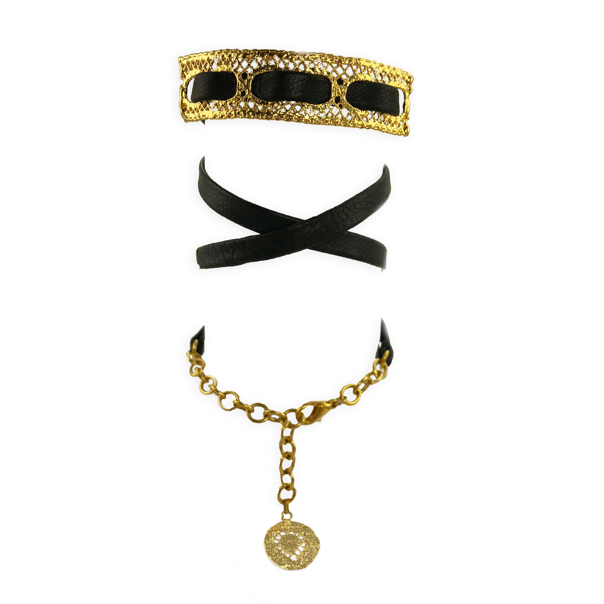 Leather bracelet with vintage lace dipped in 24k gold.