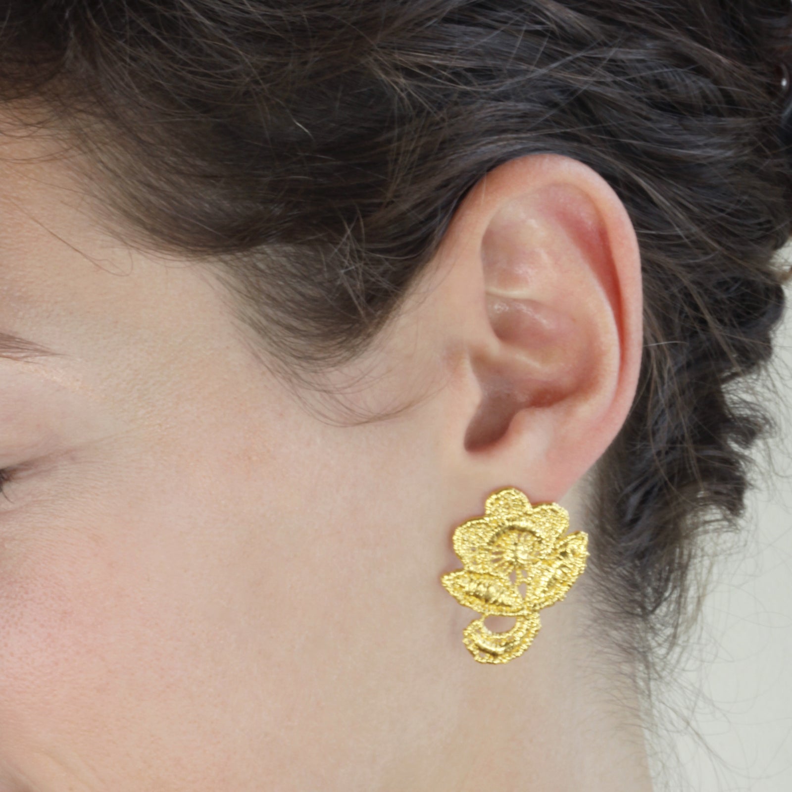 Flower stud earrings made from American lace dipped in 24k gold.