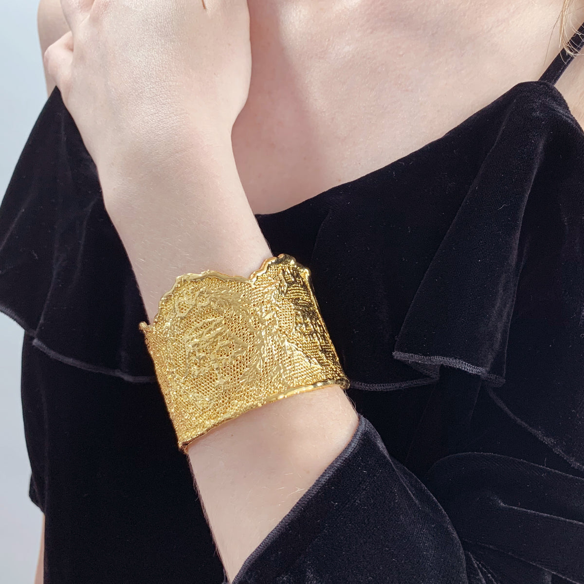 Lace cuff bracelet Margaret Rose in 24k gold made with British royal lace.