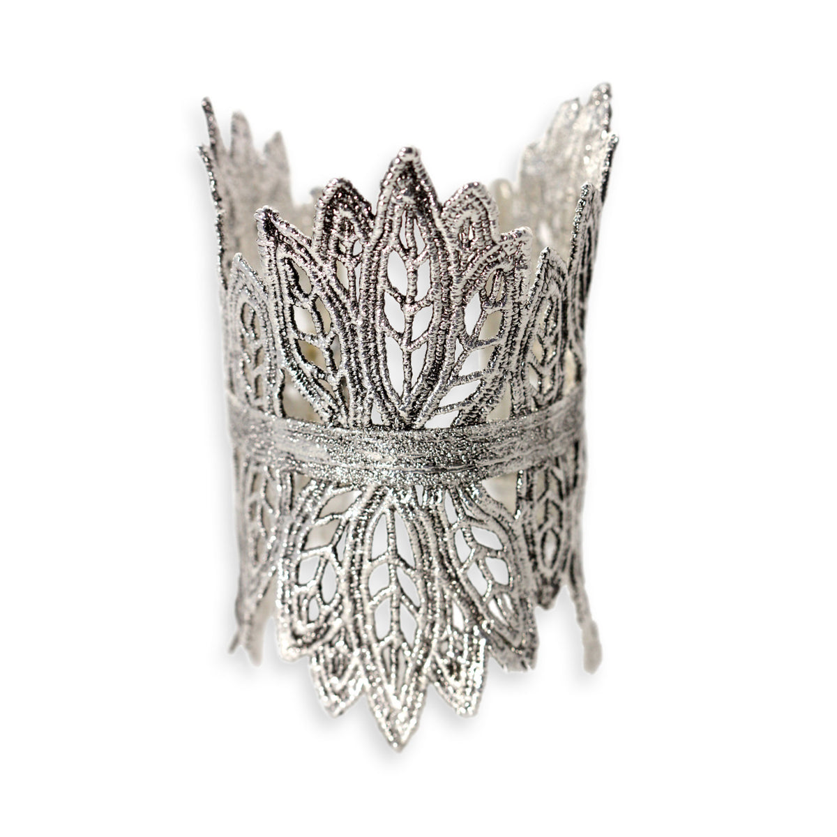 Lace cuff bracelet made from 1950s French leaf lace dipped in sterling silver.