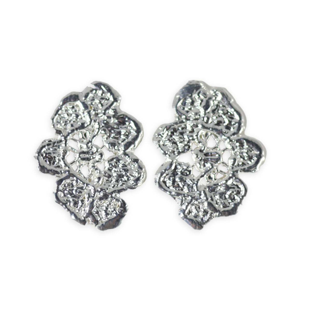 Small, exquisite stud earring in the shape of a lace flower dipped in sterling silver.