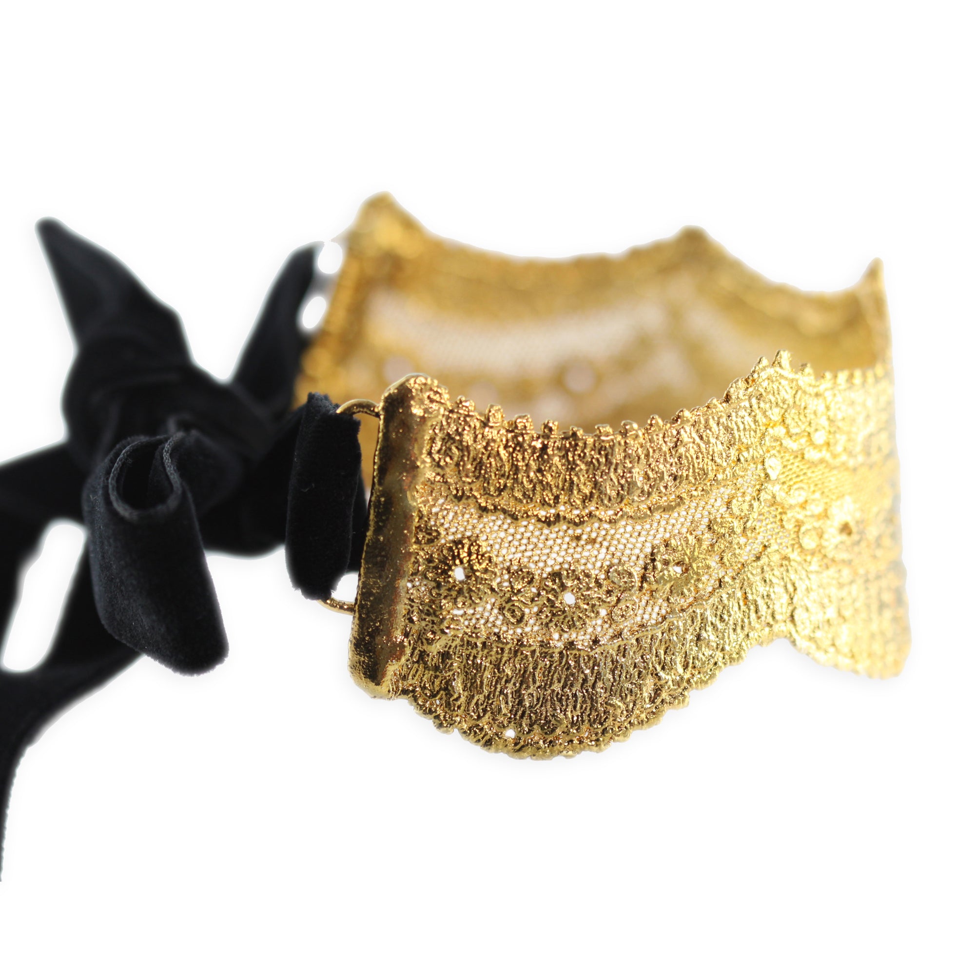 Rare lace choker in 24k gold with velvet tie.
