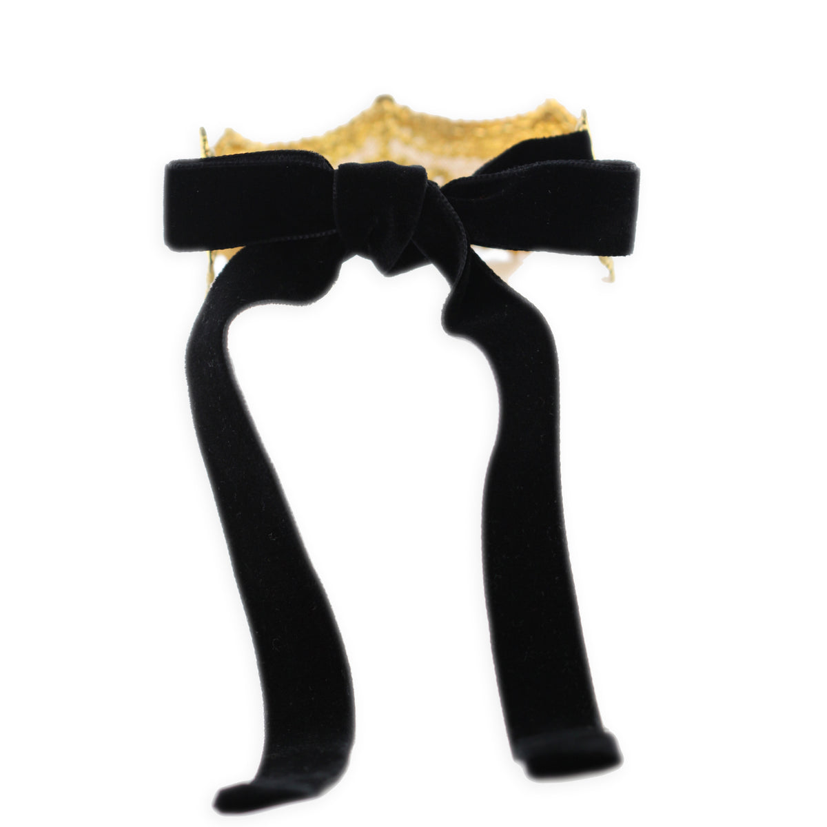 Back of lace choker in 24k gold with velvet tie.